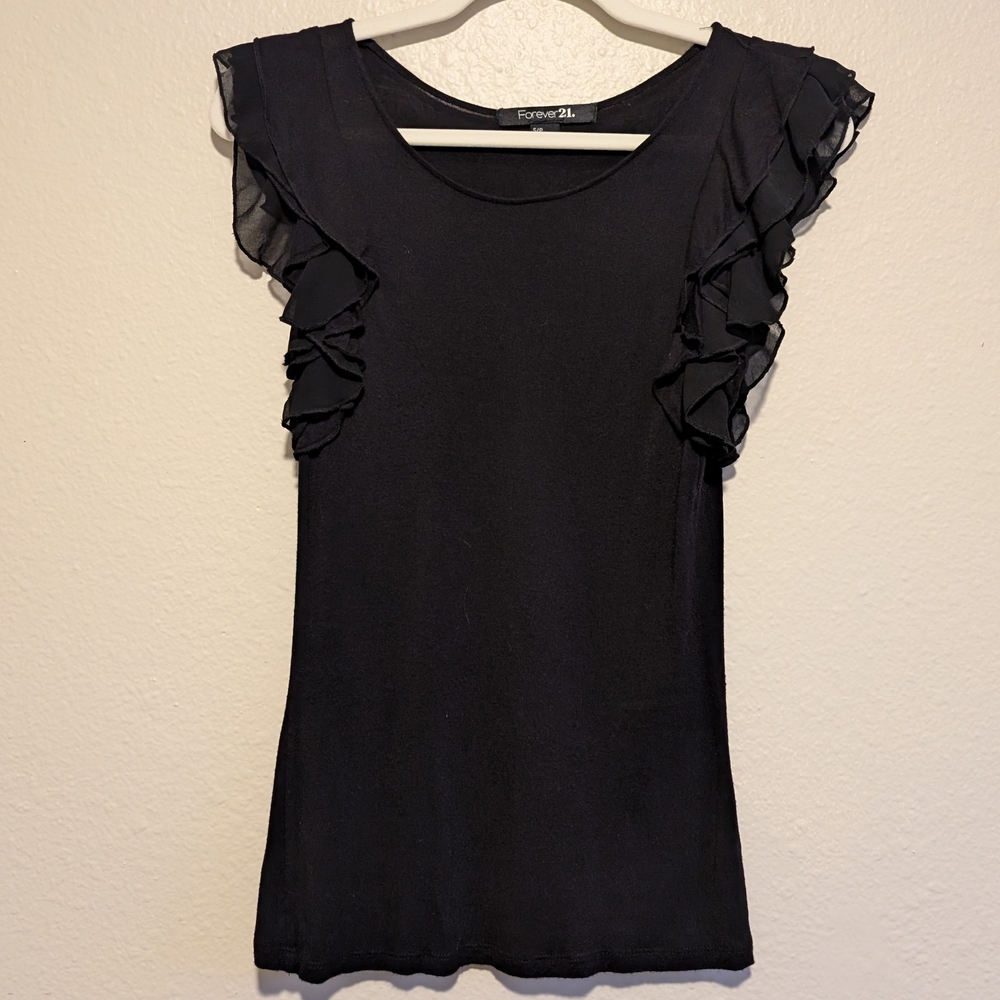 Forever 21 Black Ruffle Sleeve Stretch Blouse